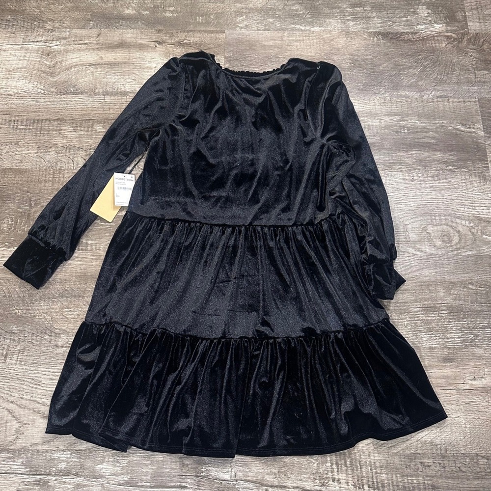 Halogen Black Velvet Tiered Babydoll Mini Dress Split Neck Long Sleeve NWT L